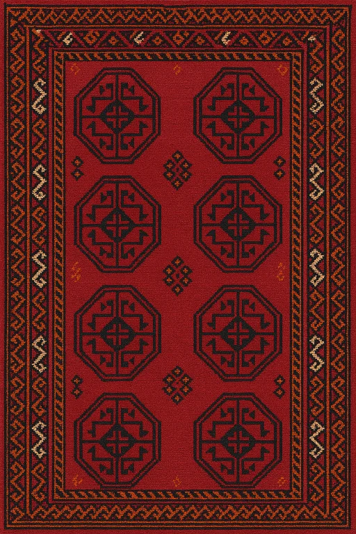 Turkmen kilim with bold red hues and tribal geometric motifs, handcrafted in Golestan province
