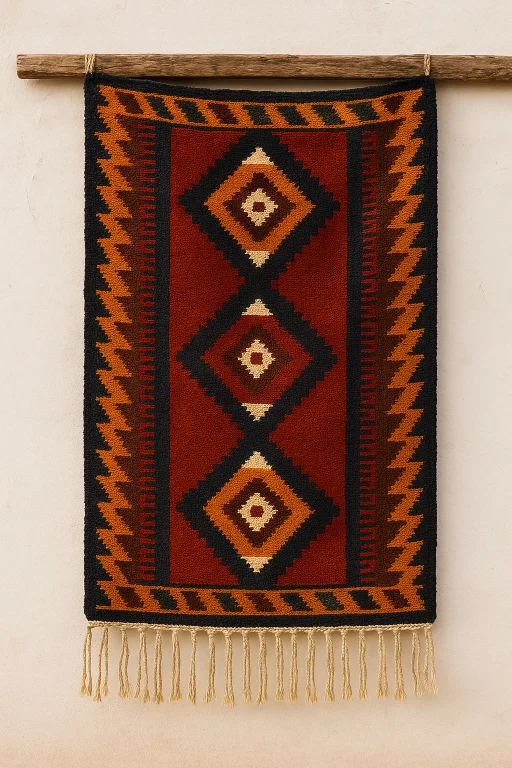 handwoven Iranian kilim showing intricate geometric patterns and natural wool colors