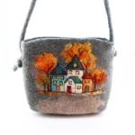 Handmade Turkmen Merino wool felt shoulder bag with needle-felted autumn village scene