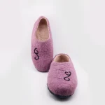 Natural suede sole on light purple felt slippers