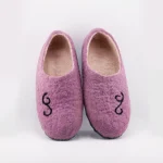 Side view of hand-felted Merino wool slippers in purple