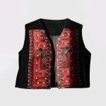 Authentic Iranian Balouch embroidery vest with ayneh kari mirror details on red fabric