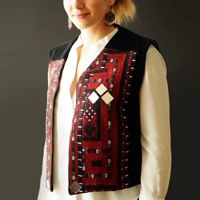 Handmade Baluchi needlework vest with traditional mirror work – red and black authentic design