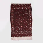 Geometric borders and white fringe detail on authentic 50-year-old Turkmen flatweave rug