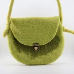 Handmade lime green felt crossbody bag by Iranian Turkmen artisan with antique metal clasp and knotted strap
