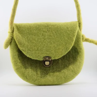 Handmade lime green felt crossbody bag by Iranian Turkmen artisan with antique metal clasp and knotted strap