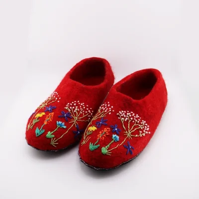 Handmade red felt slippers with embroidery, Turkmen style