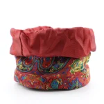 Luxury drawstring Termeh pouch fully open showing glossy burgundy satin lining