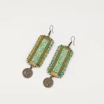 Detailed view of Iranian Turkmen Suzani embroidery on lightweight earrings