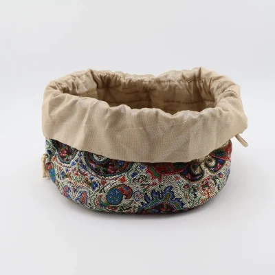 Luxury drawstring Termeh pouch fully open showing smooth satin lining