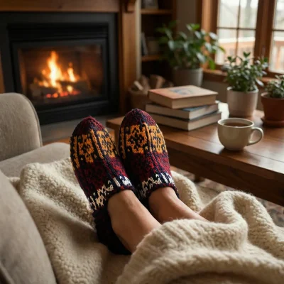 Person wearing cozy Turkmen hand-knit wool slipper socks indoors