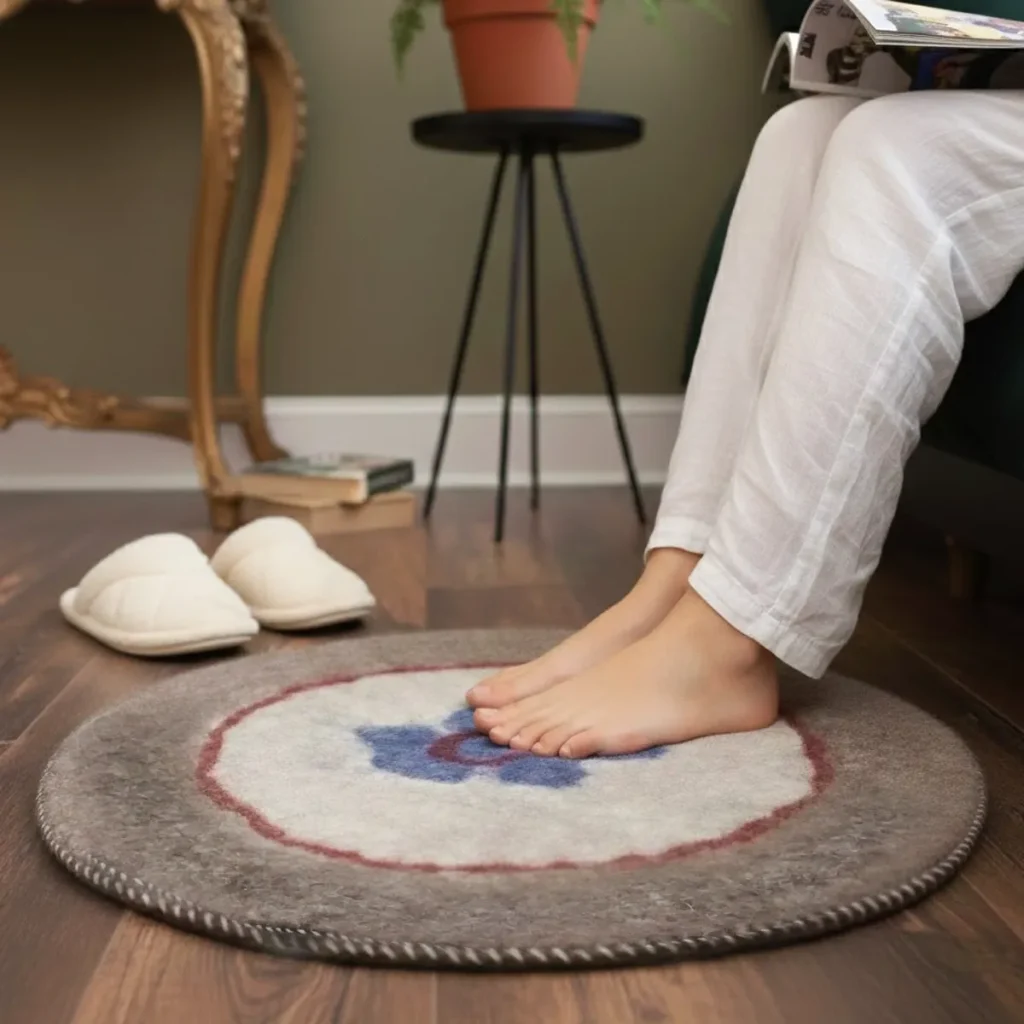 Handmade Turkmen round felt mat with blue flower design, 50 cm diameter