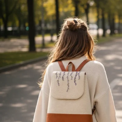 Woman wearing handmade embroidered felt leather backpack with lavender design outdoors