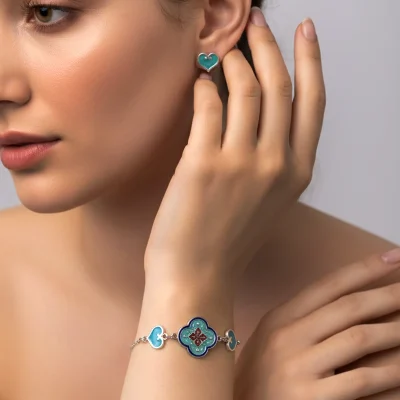 Cloisonné enamel 925 sterling silver heart stud earrings and bracelet set in turquoise and blue - Persian Minakari jewelry
