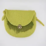 Front view of 20x20 cm handmade felt crossbody bag in fresh lime green with curved flap closure