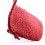 Iranian Turkmen woman's handmade burgundy felt crossbody bag with wool art flowers worn diagonally across body