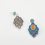 Close-up of vibrant Persian Minakari cloisonné enamel floral design on one side of reversible 990 silver drop earrings