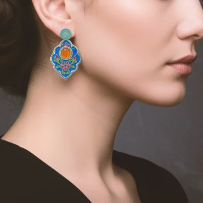 Handmade reversible cloisonné enamel silver earrings with Persian Minakari colorful floral side (blue, orange, turquoise) and engraved reverse