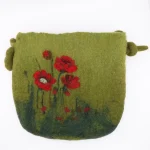 Front view of 20x20 cm handmade felt crossbody bag with poppy flower design and knotted strap