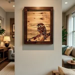 Handmade wooden marquetry sparrow wall art featuring a detailed house sparrow crafted from natural wood inlays