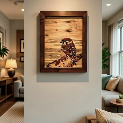 Handmade wooden marquetry sparrow wall art featuring a detailed house sparrow crafted from natural wood inlays