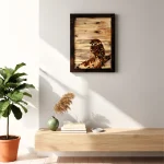 Full framed wooden marquetry artwork of a sparrow perched naturally, made with 380 natural wood pieces