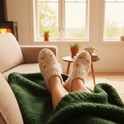 Person wearing cozy Gilaki hand-knit wool house slippers – unisex free size, natural wool in cream beige with orange motifs, perfect winter socks
