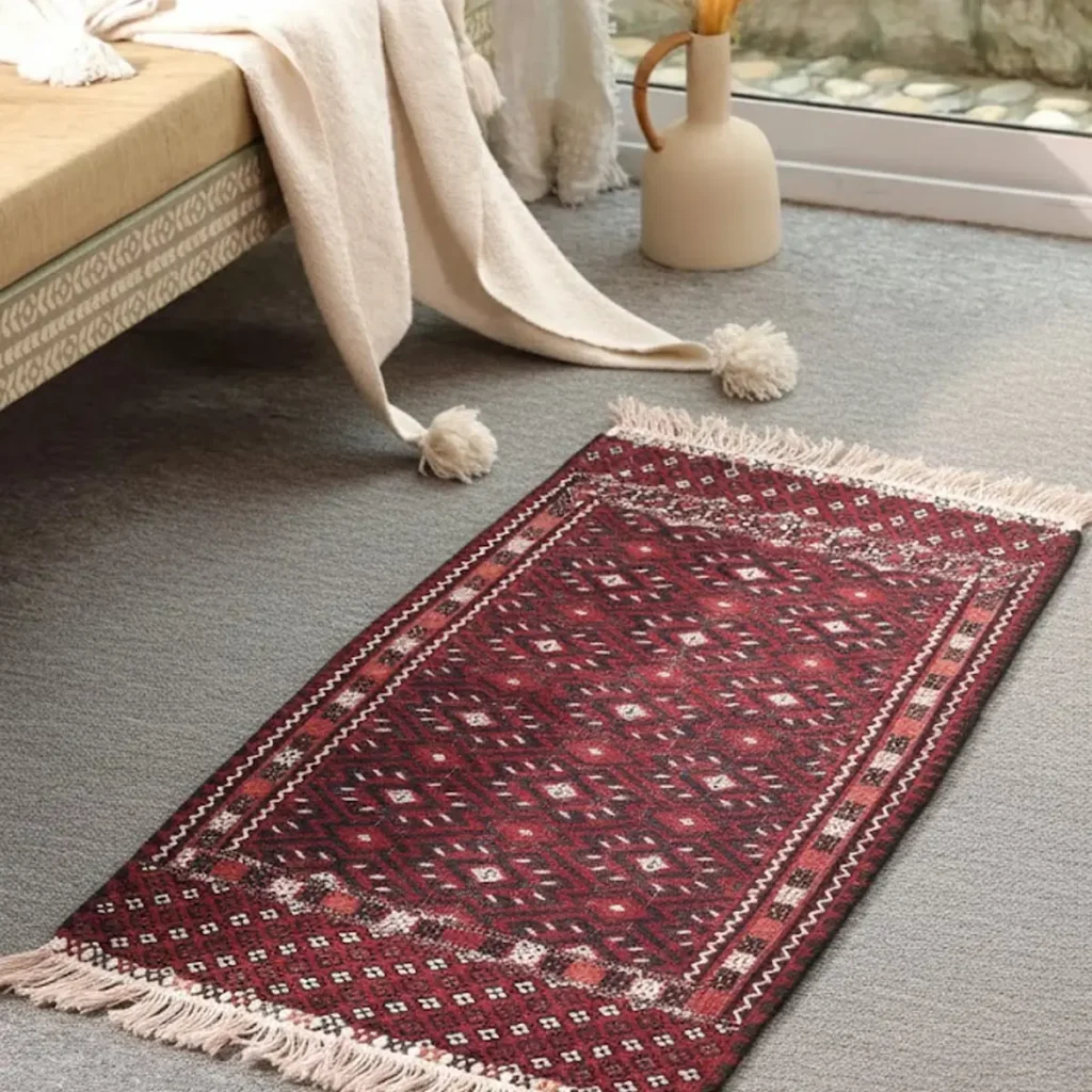 Vintage Turkmen palas rug with deep red field and geometric diamond motifs (50 years old)