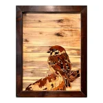 Close-up view of intricate wood marquetry showing the realistic feathers and textures in the sparrow bird wall art