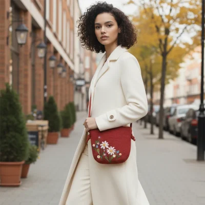 A model wearing Handmade burgundy red felt crossbody bag with wildflower wool painting by Iranian Turkmen artisan, zipper open showing soft lining